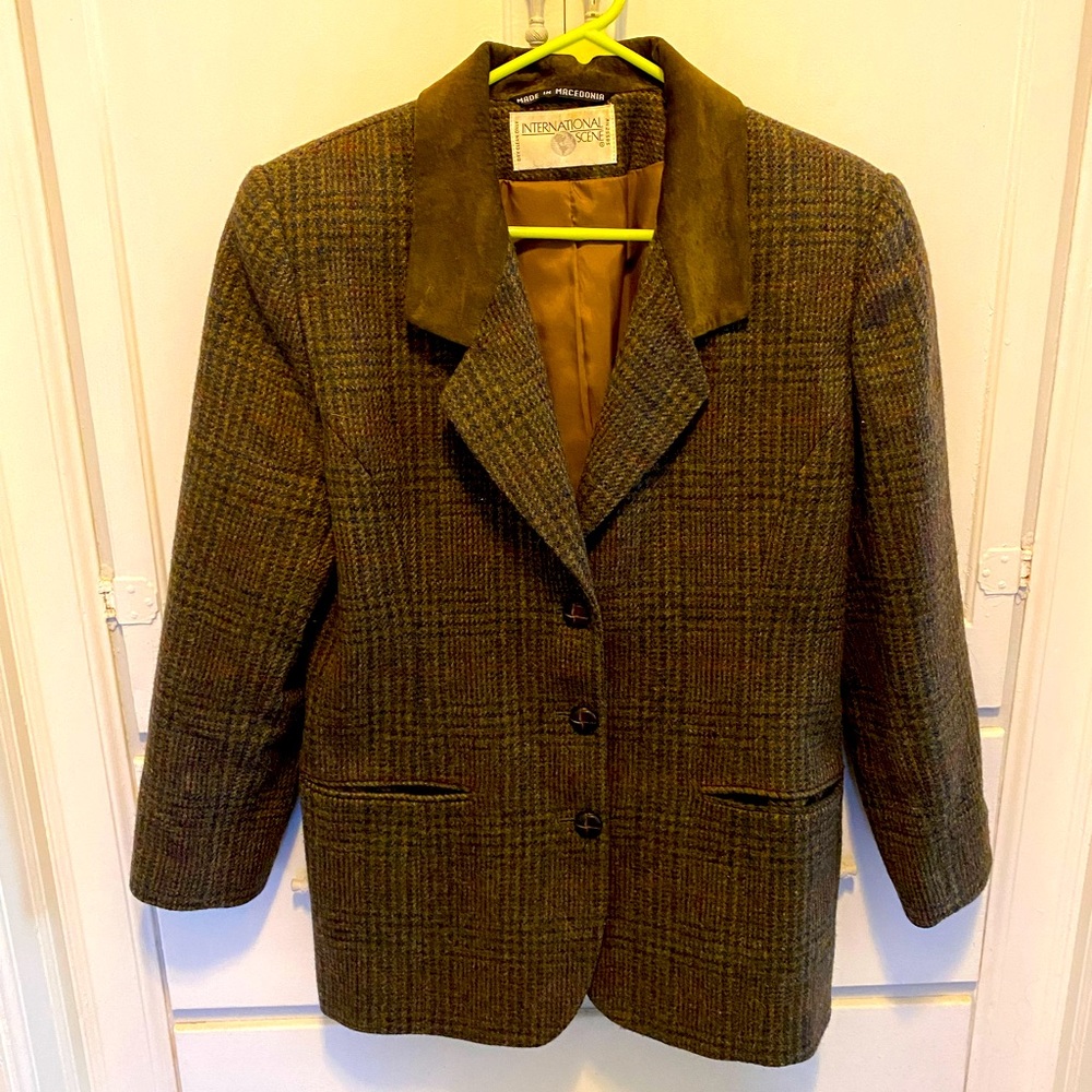 Women’s Olive and brown tweed button up blazer with suede collar size 10